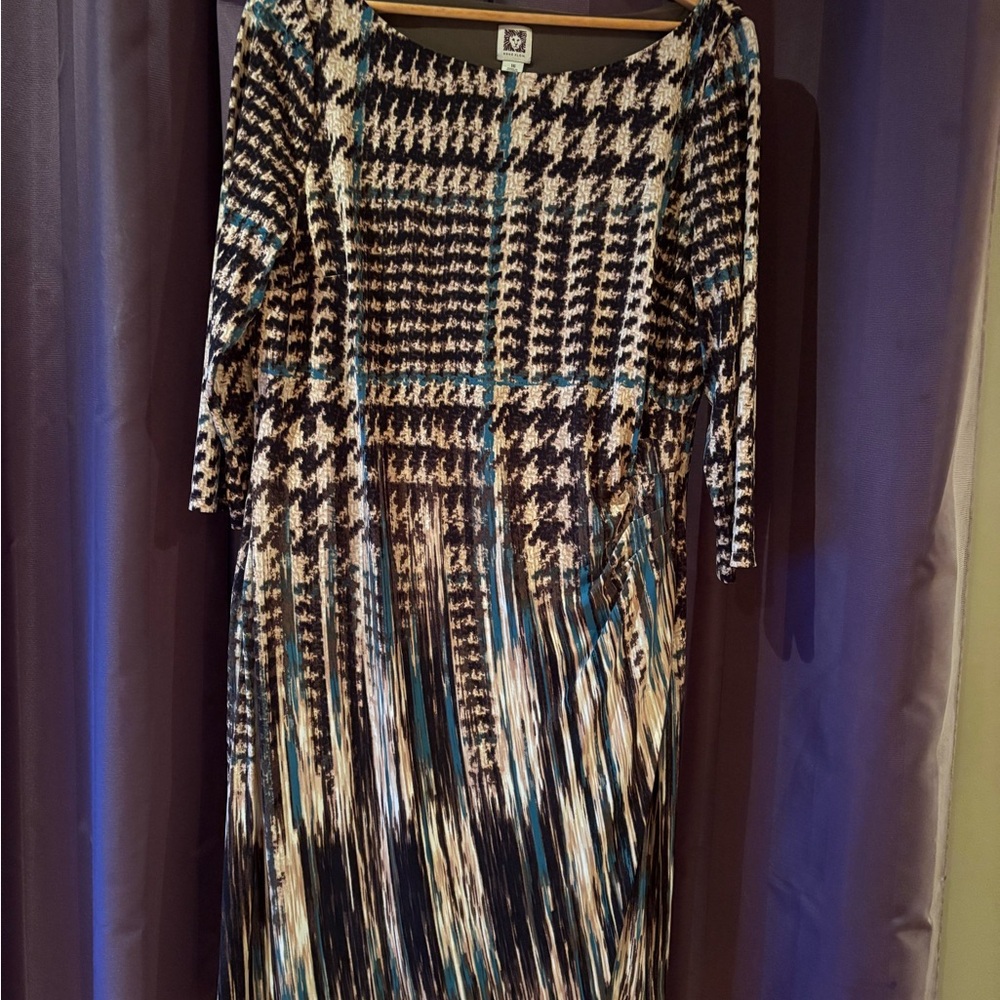 Anne Klein Brown, Cream  and Teal Houndstooth Dress